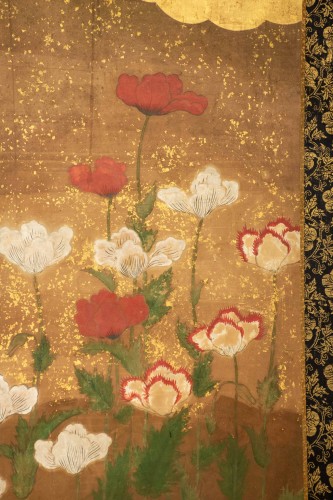 Paravent japonais à deux panneaux sur fond en feuille d’or, École Rinpa - 