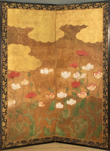 Antiquités - Paravent japonais à deux panneaux sur fond en feuille d’or, École Rinpa