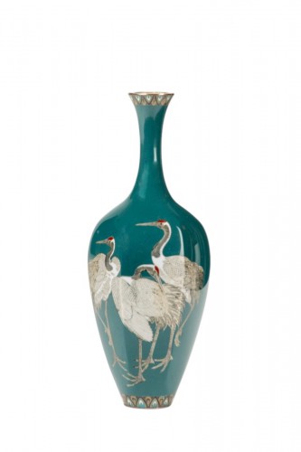 A cloisonné vase depicting three Manchurian cranes on a turquoise ground