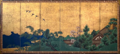 Paravent japonais à six panneaux à feuille d’or représentant un paysage idyllique