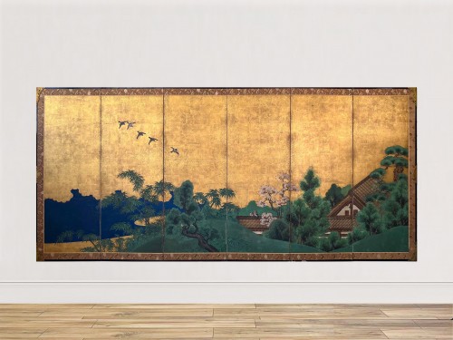 A Japanese folding Screen With Gold Leaf Depicting An Idyllic Landscape - Asian Works of Art Style 