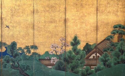 Asian Works of Art  - A Japanese folding Screen With Gold Leaf Depicting An Idyllic Landscape