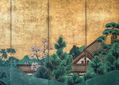 A Japanese folding Screen With Gold Leaf Depicting An Idyllic Landscape - 