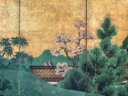 19th century - A Japanese folding Screen With Gold Leaf Depicting An Idyllic Landscape