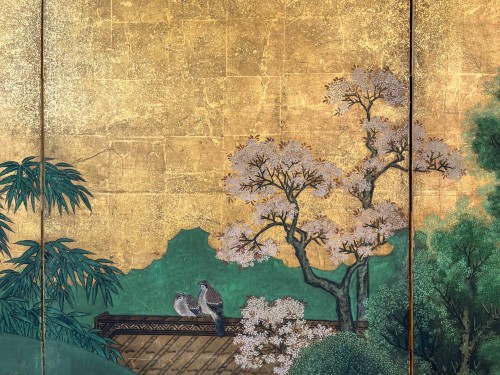A Japanese folding Screen With Gold Leaf Depicting An Idyllic Landscape - 