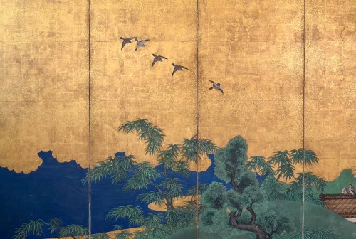  - A Japanese folding Screen With Gold Leaf Depicting An Idyllic Landscape