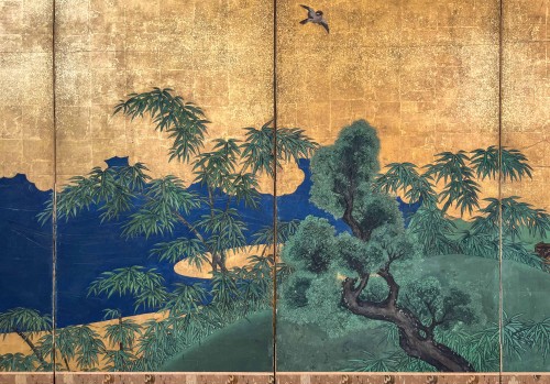 Antiquités - A Japanese folding Screen With Gold Leaf Depicting An Idyllic Landscape