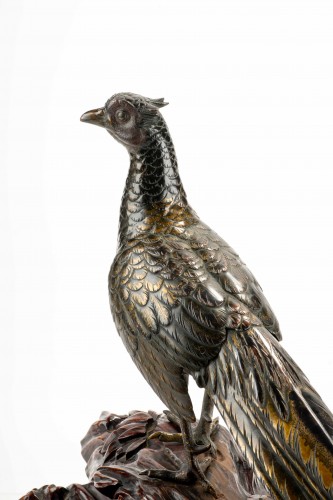 Asian Works of Art  - A japanese gilt and patinated bronze okimono of a pheasant
