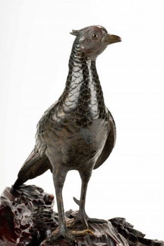A japanese gilt and patinated bronze okimono of a pheasant - 