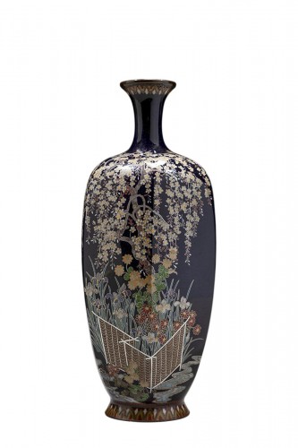 A hexagonal cloisonné vase depicting a cherry blossom tree