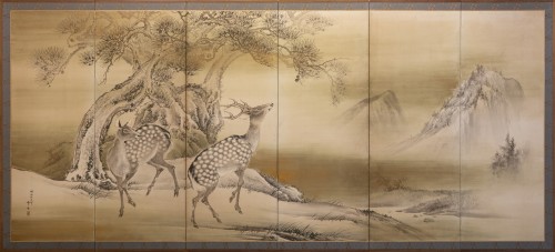 A six-panel screen depicting a pair of deer in a winter landscape
