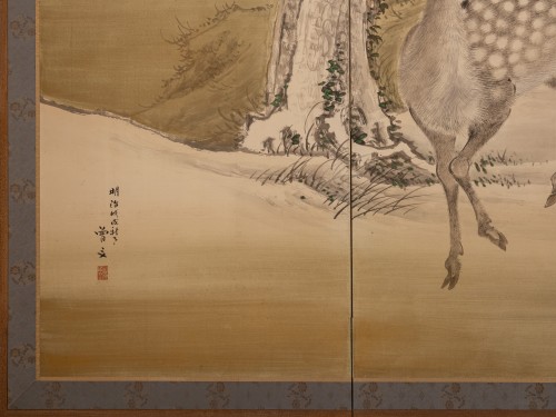 Paravent à six panneaux représentant un couple de cerfs dans un paysage hivernal - Arts d