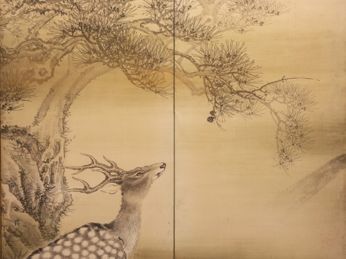 Paravent à six panneaux représentant un couple de cerfs dans un paysage hivernal - Mastromauro Japanese Art