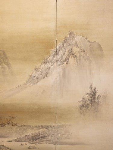 XIXe siècle - Paravent à six panneaux représentant un couple de cerfs dans un paysage hivernal