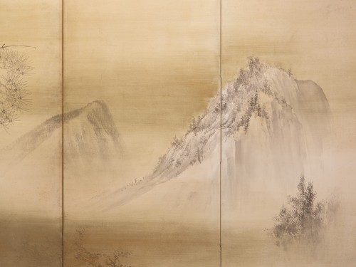 Paravent à six panneaux représentant un couple de cerfs dans un paysage hivernal - 