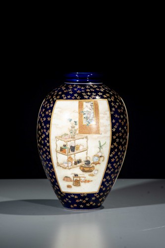 Asian Works of Art  - A Satsuma vase with courtly scenes on a cobalt-blue ground