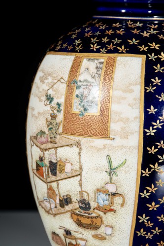  - A Satsuma vase with courtly scenes on a cobalt-blue ground