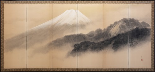 Paravent à six panneaux en papier représentant le mont Fuji enveloppé de brume