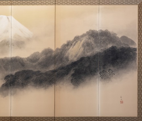Asian Works of Art  - A six-panel paper folding screen of Mount Fuji shrouded in mist