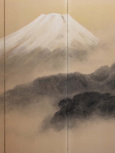 A six-panel paper folding screen of Mount Fuji shrouded in mist - 