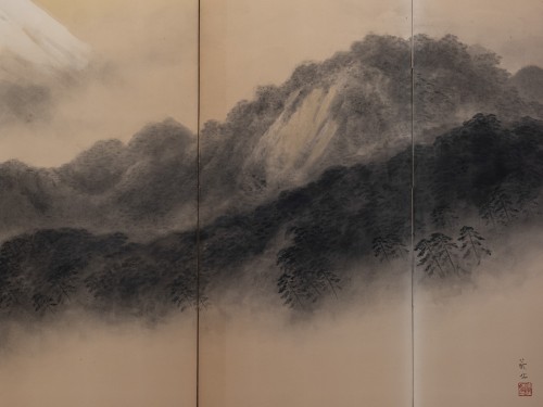 19th century - A six-panel paper folding screen of Mount Fuji shrouded in mist