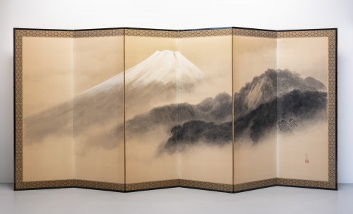  - A six-panel paper folding screen of Mount Fuji shrouded in mist