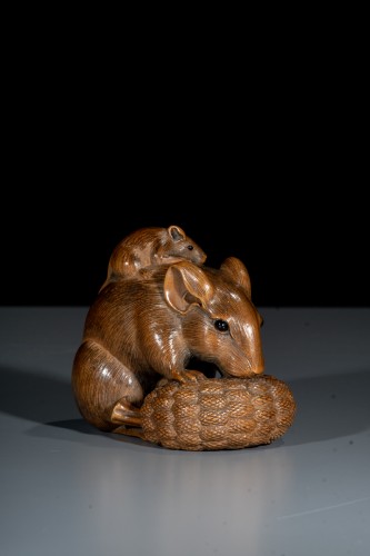Asian Works of Art  - A boxwood okimono with two mice and a millet ear, signed Ikko