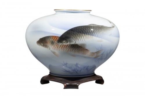 A large globular Fukagawa porcelain vase with koi carp