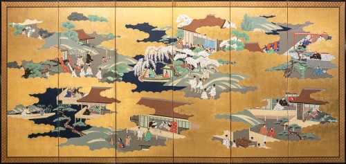 Paravent à six panneaux avec des scènes du Genji Monogatari