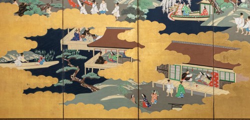 Paravent à six panneaux avec des scènes du Genji Monogatari - Mastromauro Japanese Art