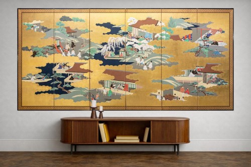 XIXe siècle - Paravent à six panneaux avec des scènes du Genji Monogatari