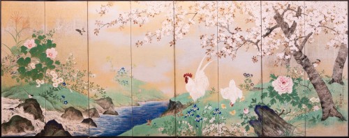 Paravent à huit panneaux sur fond en feuille d’argent avec une scène printanière