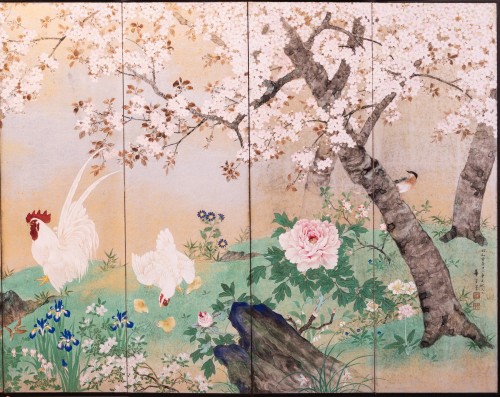 Paravent à huit panneaux sur fond en feuille d’argent avec une scène printanière - Arts d