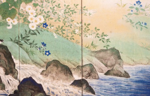 Paravent à huit panneaux sur fond en feuille d’argent avec une scène printanière - Mastromauro Japanese Art