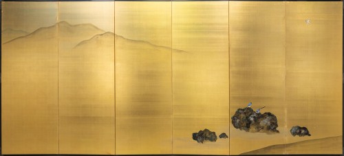 Paravent à six panneaux avec pies et paysage fluvial