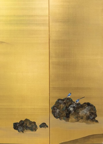 Paravent à six panneaux avec pies et paysage fluvial - Arts d