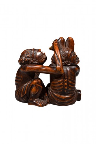Okimono shunga en bois de buis représentant Ashinaga et Tenaga