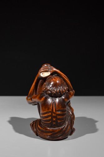 Okimono shunga en bois de buis représentant Ashinaga et Tenaga - 