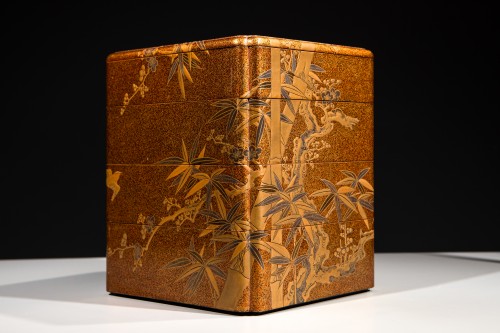 Antiquités - Set de pique-nique en laque maki-e sur fond nashiji avec carpes koi