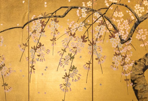 Paravent japonais à quatre panneaux avec branche de cerisier sur fond doré - Arts d
