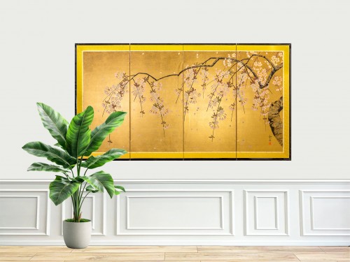 Paravent japonais à quatre panneaux avec branche de cerisier sur fond doré - Mastromauro Japanese Art