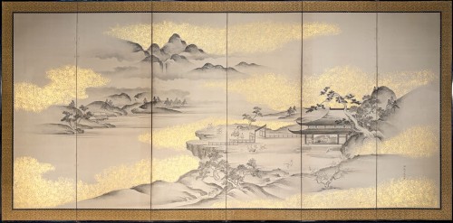 A six-panel folding screen with a lakeside landscape in ink and gold powder