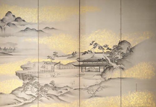 A six-panel folding screen with a lakeside landscape in ink and gold powder - Asian Works of Art Style 
