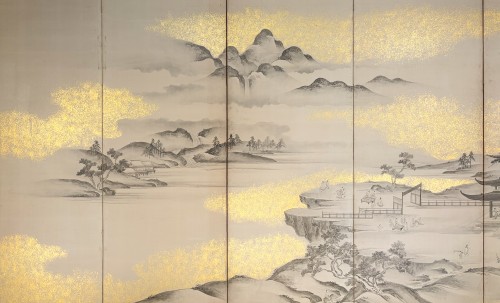 Asian Works of Art  - A six-panel folding screen with a lakeside landscape in ink and gold powder