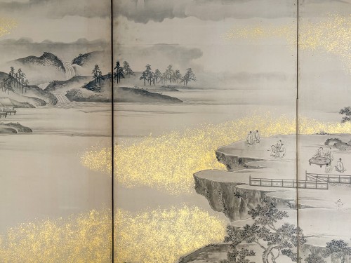 A six-panel folding screen with a lakeside landscape in ink and gold powder - 