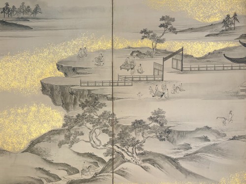 19th century - A six-panel folding screen with a lakeside landscape in ink and gold powder
