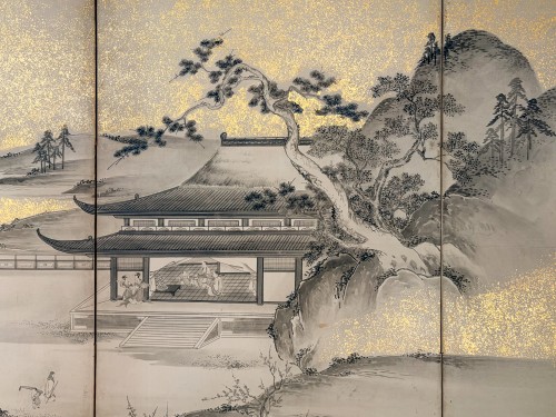 A six-panel folding screen with a lakeside landscape in ink and gold powder - 