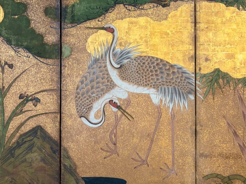 Paravent à six panneaux en feuille d'or avec des grues sous un majestueux pin - Mastromauro Japanese Art