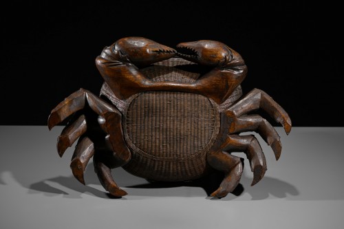Antiquités - Boîte en bois et bambou tressé en forme de crabe