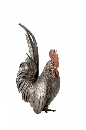 A Japanese patinated bronze okimono of a rooster